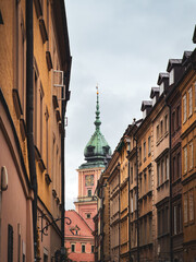 Narrow Street View of Historic Old Town Buildings in Warsaw, Poland