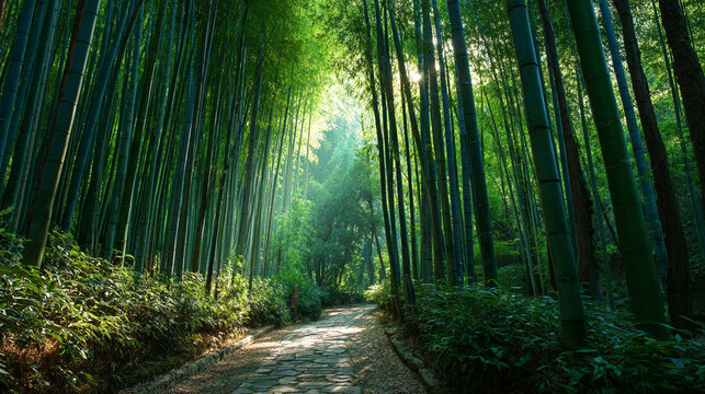 Pathway through a bamboo forest with sunlight
