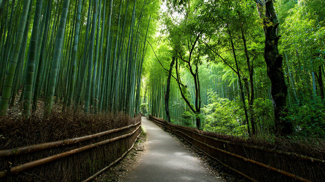 Pathway through a lush bamboo forest with sunlight