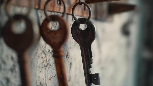 Three rusty old keys hanging on a ring against a weathered wall.