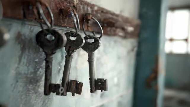 A row of old metal keys hanging on rusted hooks along a metal wall.