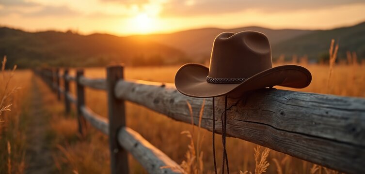 Cowboy hat rests on a weathered wooden fence at sunset. Golden hour light bathes the rural landscape. Rustic scene evokes a western vibe representing country life.