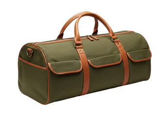 Isolated Olive Green and Brown Leather Duffle Bag perfect for travel, with no background.