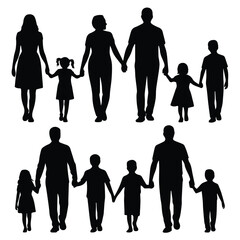 Family silhouette walking together, parents and children