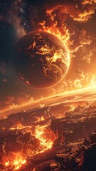 Fiery Planet Apocalypse: Burning Cityscape and Cosmic Inferno