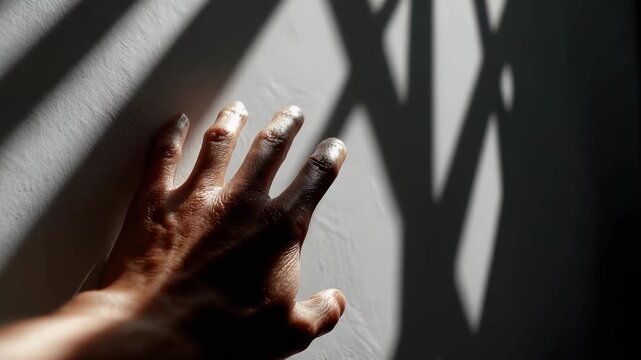 A hand pressed against a wall with dramatic crisscrossing shadows of bars.