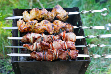 Grilling savory shashlik skewers on a charcoal mangal at a summer gathering in the outdoors