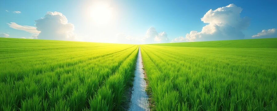 Green grass field with white line running through. Bright blue sky with fluffy clouds. Sun shines on field. Horizontal landscape with vibrant green grass, clear blue sky. Bright sunny day outdoors in - Powered by Adobe