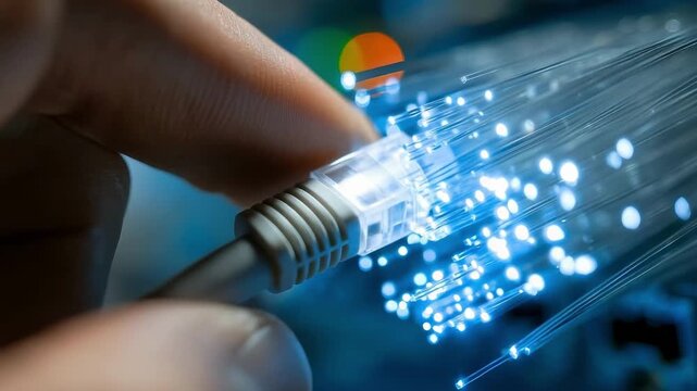 Close-up of a hand plugging in an Ethernet cable, with glowing fiber optic strands in the background.