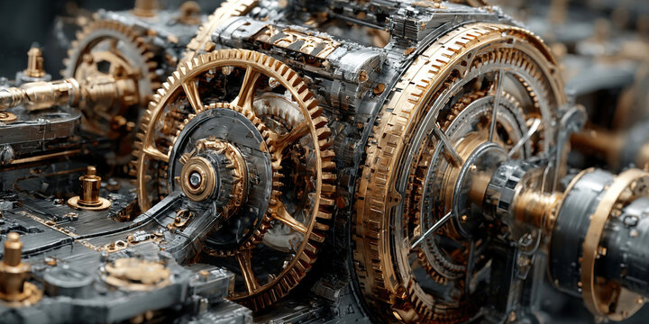 Mechanism in operation showcasing flywheels pistons and complex gear system with levers