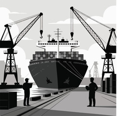 Cargo ship being loaded with containers at a port with cranes