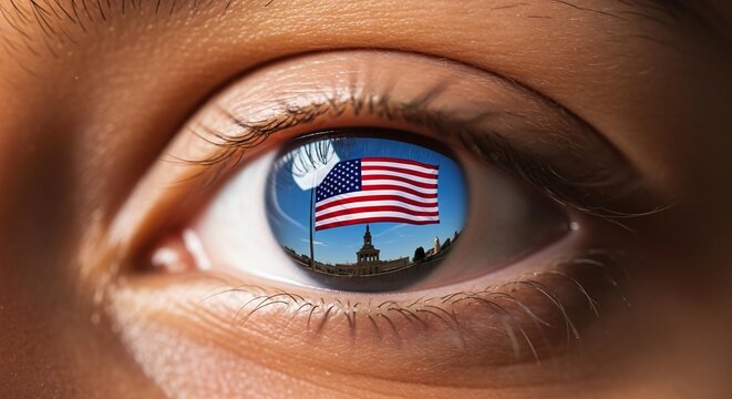 American flag reflected in human eye with patriotic symbolism, showcasing national pride and freedom with a captivating, emotional visual
