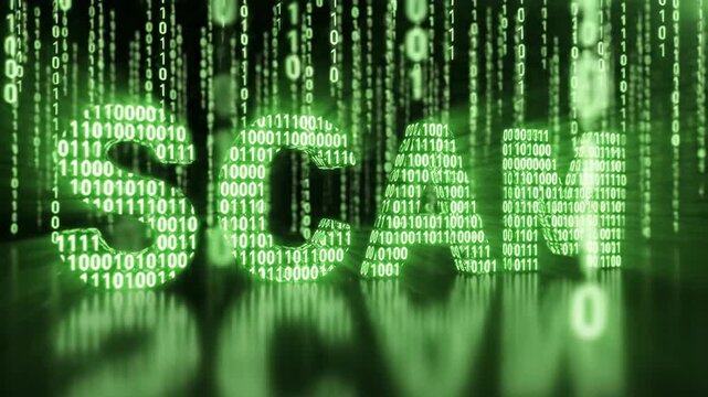Green glowing scam text on a dark backdrop with falling binary code, a concept of internet fraud and digital deception footage.