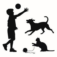 Silhouette of a boy playing ball with a dog and cat