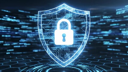 Digital cybersecurity shield with padlock protection against data breaches on a futuristic technology background footage - Powered by Adobe