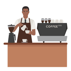 African american barista pouring milk into coffee