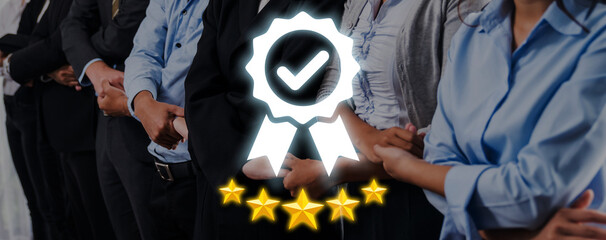 Professional group standing together symbolizes teamwork and success, enhanced by an award icon and...