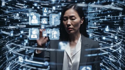 Asian woman interacting with user data via augmented reality interface, exploring digital deception and security footage. - Powered by Adobe