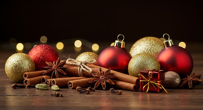 Christmas ornaments cinnamon sticks star anise and small gift on wood surface