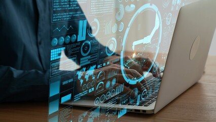 A professional workspace showcasing a laptop with abstract data visualization graphics, highlighting technological insights and modern analysis in the digital industry. Cipher