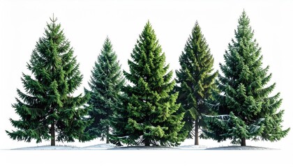 Five Evergreen Trees in Winter Landscape