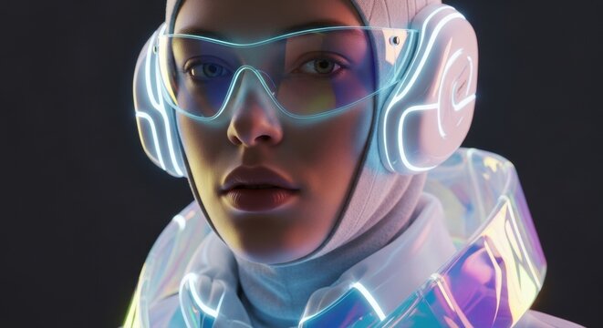 Futuristic woman wearing glowing headset and iridescent jacket explores digital metaverse with intense focus, embodying innovation and advanced technology