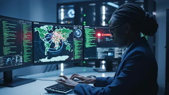 Female cyber security specialist neutralizes global threat displayed on multiple screens, advanced data analysis footage