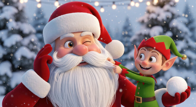 Amusing 3D illustration of Santa Claus winking while a mischievous elf tugs his beard and holds a snowball in a snowy festive forest.