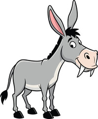 Cartoon donkey character with saber-tooth tusks, goofy expression, standing pose, fun animal design, humorous vector illustration for kids