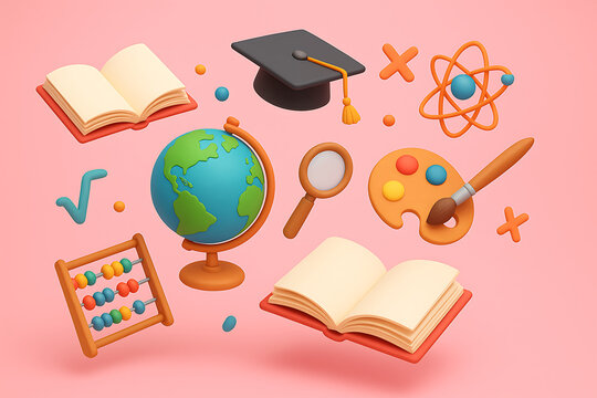 Educational background concept with 3d illustration of academic items like graduation cap globe open books abacus atom paint palette magnifying glass and math symbols - Powered by Adobe