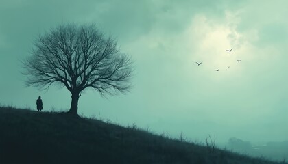 Gloomy illustration shows lonely hooded figure stand near bare tree on hill. Birds fly in misty sky. Concept for solitude sadness hopelessness mood and mystery with nature landscape