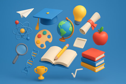 Educational background concept with 3d illustration of academic items like graduation cap globe books lightbulb diploma apple atom dna magnifying glass paint palette