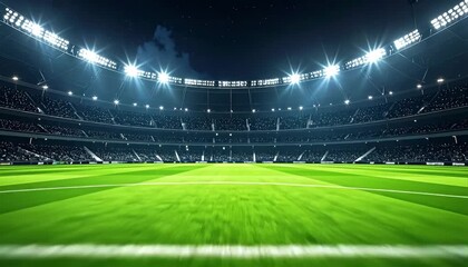 Empty illuminated sports stadium at night with bright floodlights.
