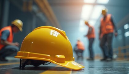 Bright yellow hard hat on factory floor. Blurred workers wear safety gear in industrial building. Image highlights personal protective equipment importance for worker safety, health, emphasizing