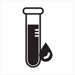 A black and white icon illustration of a test tube filled with liquid and a droplet of liquid beside it, representing science, medical testing, and laboratory research, perfect for graphic design.