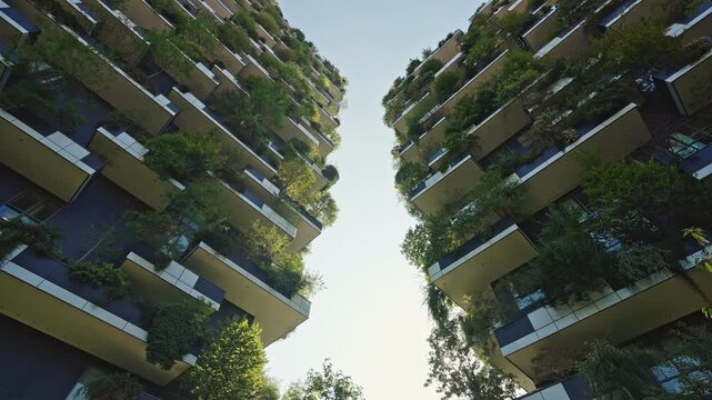 Low Angle View of Bosco Verticale Towers in Milan, filmed on September 15, 2025.