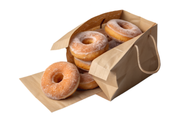 Sugared ring donuts in a brown kraft paper takeaway bag, perfect for bakery, dessert, and food delivery concepts. Realistic sweet pastry mockup isolated on transparent background, PNG format — ideal f