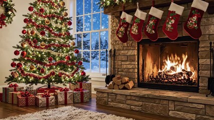Cozy Christmas Home Scene - A warmly lit living room scene features a decorated Christmas tree with presents, a stone fireplace with stockings, and a snowy winter landscape visible through the window. - Powered by Adobe