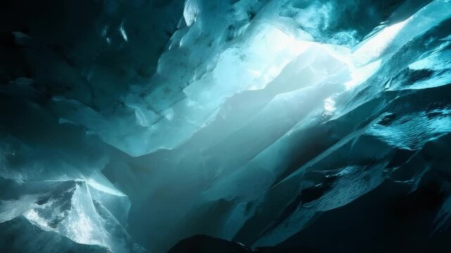 A blue ice cave interior with jagged ice walls and light streaming in from above.