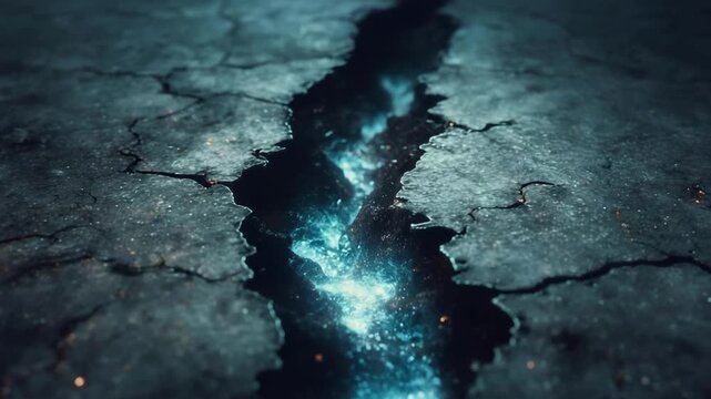 A glowing blue fissure running through a cracked dark surface.