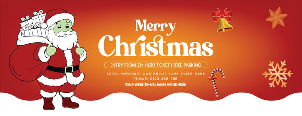 Holiday Christmas Party Celebration Social Media Cover with Festive Decoration, New Year Web Banner Template, Special Discount Offer Header Design for Seasonal Promotion Background