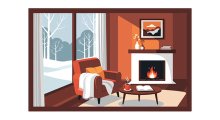 Fototapeta premium Comfortable armchair by a warm burning fireplace in a cozy living room with a view of the snowy winter landscape vector illustration