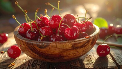 Fresh Red Cherries in Rustic Wooden Bowl