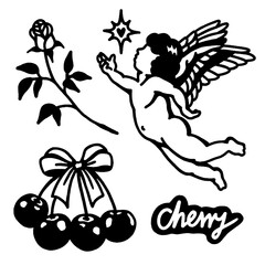 Dark cupid, cherries, and killer whales edgy tattoo flash set