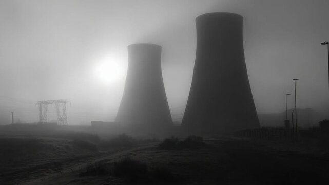 Two cooling towers of a power plant loom through fog, with power lines and a desolate, industrial landscape.