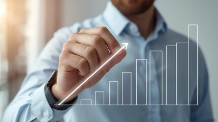 A professional's hand illustrates a glowing chart depicting business growth, strategic planning, and successful financial advancement, symbolizing future market success and data analysis insights