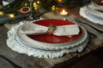 Christmas table setting. Festive table decorated for Christmas dinner.