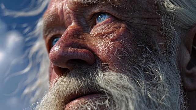 A Glimpse of Wisdom: An expressive portrait of an older man. His eyes, windows to a lifetime of experience, capture a deep gaze amidst a world of ethereal blue skies.