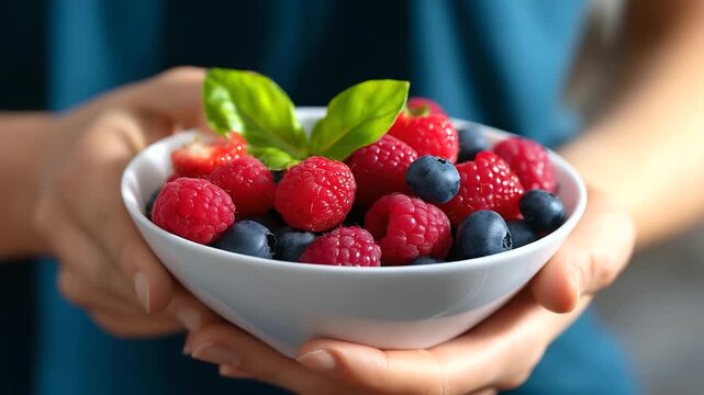 Defocused person holding bowl with sharp focused vibrant raspberries and blueberries with green leaf, with copy space