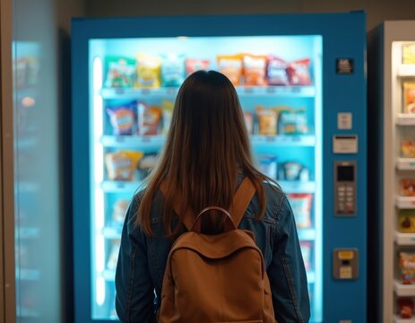 Student with backpack views vending machine on campus. Girl stands before colorful snack, drink choices. Young woman buys food at college. Person selects beverage in breakroom. Modern lifestyle,